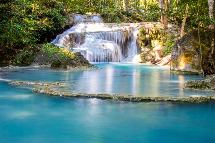 Waterfall thailand waterfalls kanchanaburi erawan asia southeast slapovi top water falls rock fish seven pools beautiful wallpaper dark history part